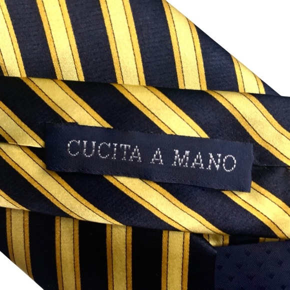 Marco Laurenti - Yellow Black Striped Tie - 100% Seta Pura Silk - Hand Sewn - Picture 3 of 5